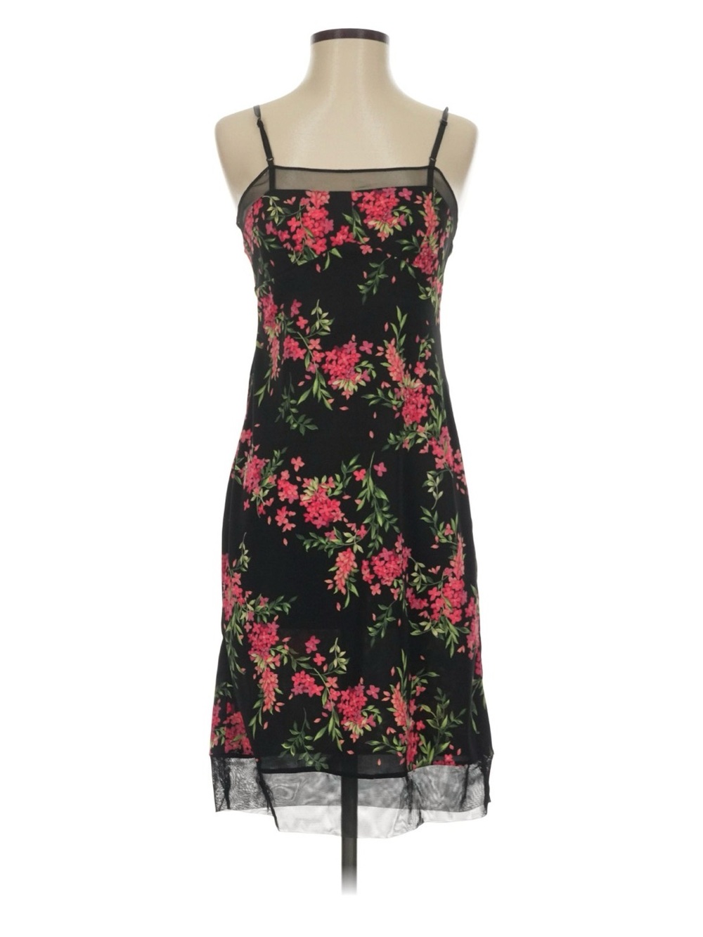 BCBG Black Slip Dress with Pink and Green Floral Print